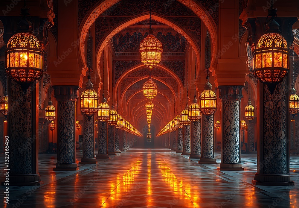 Obraz premium Dimly Lit Corridor with Ornate Columns and Glowing Lanterns