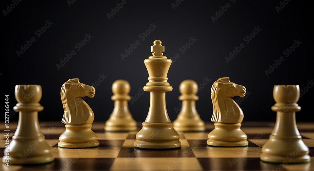 A lone chess king stands defiantly surrounded by its protective knights on a dark wooden board a dramatic image representing leadership strategy and protection A lone chess king stands defiantly surrounded by its protective knights on a dark wooden board a dramatic image representing leadership strategy and protection