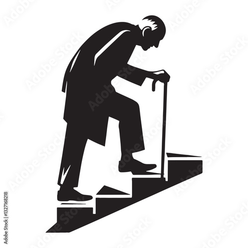 Proud Climbing Stairs Oldman silhouette, standing tall despite age - Oldman illustration - Minimalist Climbing Stairs Oldman vector - Noble elder
