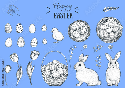 Happy Easter sketch set. Hand drawn elements for design. Easter bunny, Basket of Easter eggs, chicken baby, Easter eggs, spring tulip and branches collection. Retro style sketch.