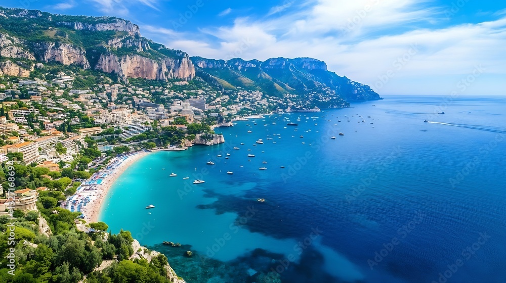Obraz premium Stunning coastal view of a beautiful beach framed by cliffs and soft waves under a clear blue sky with gentle clouds : Generative AI