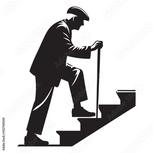 Challenged but Determined Climbing Stairs Oldman silhouette, facing the climb - Oldman illustration - Minimalist Climbing Stairs Oldman vector - Aging warrior
