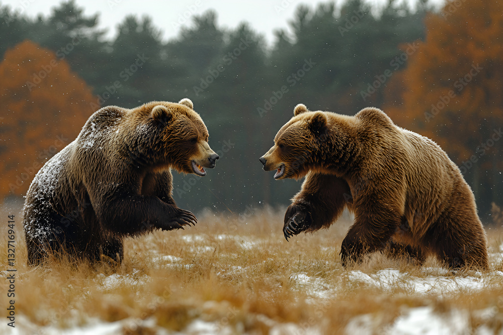 Obraz premium Furious bears fighting in snowy wilderness, showcasing their strength and power