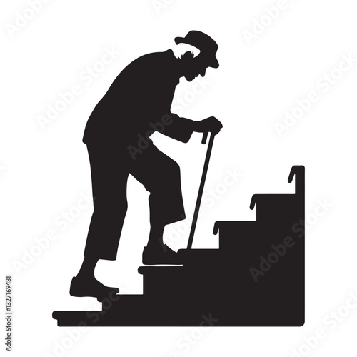 Enduring Climbing Stairs Oldman silhouette, every step a story - Oldman illustration - Minimalist Climbing Stairs Oldman vector - Elderly perseverance
