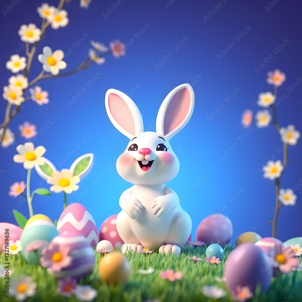 Fototapeta premium Cartoon Easter bunny with eggs and flowers. Digital illustration. Holiday theme