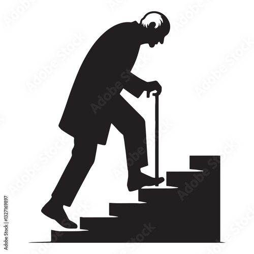 Graceful Climbing Stairs Oldman silhouette, aging with strength - Oldman illustration - Minimalist Climbing Stairs Oldman vector - Enduring wisdom
