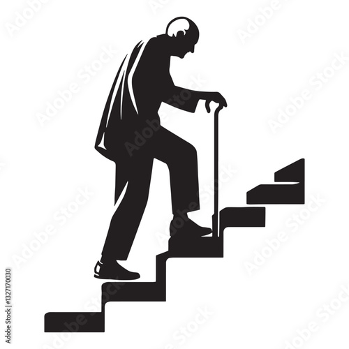 Tired but Strong Climbing Stairs Oldman silhouette, never giving up - Oldman illustration - Minimalist Climbing Stairs Oldman vector - Persevering elder
