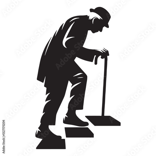 Slow but Sure Climbing Stairs Oldman silhouette, persistence in every step - Oldman illustration - Minimalist Climbing Stairs Oldman vector - Aging resilience

