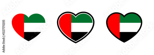 UAE Flag Heart. Flag of United Arab Emirates Heart Shape. Set of UAE Hearts Vector. 