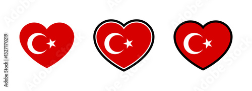 Turkey Flag Heart. Flag of Turkey Heart Shape. Set of Turkish Flag Hearts Vector. 