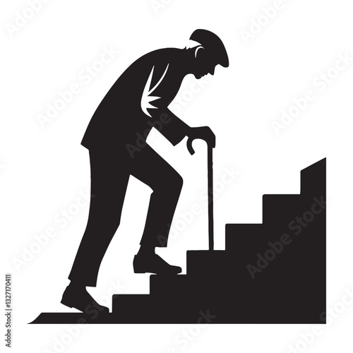 Resilient Climbing Stairs Oldman silhouette, embracing life’s uphill battle - Oldman illustration - Minimalist Climbing Stairs Oldman vector - Strength in age
