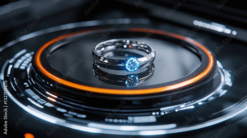 A futuristic holographic display of a diamond ring showing D rendering details A futuristic holographic display of a diamond ring showing D rendering details
