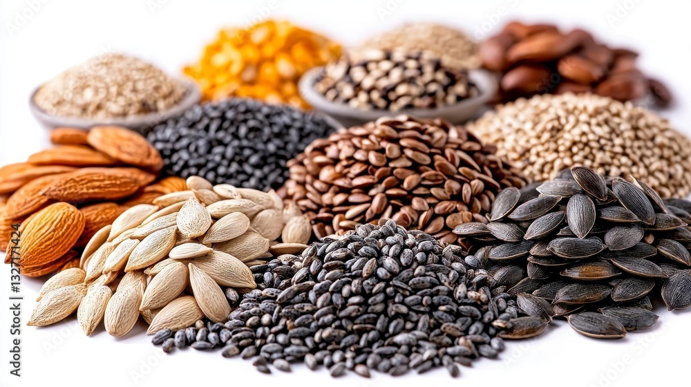 Naklejka premium Nutritious nuts and seeds isolated on a white background highlighting their health benefits for a balanced diet