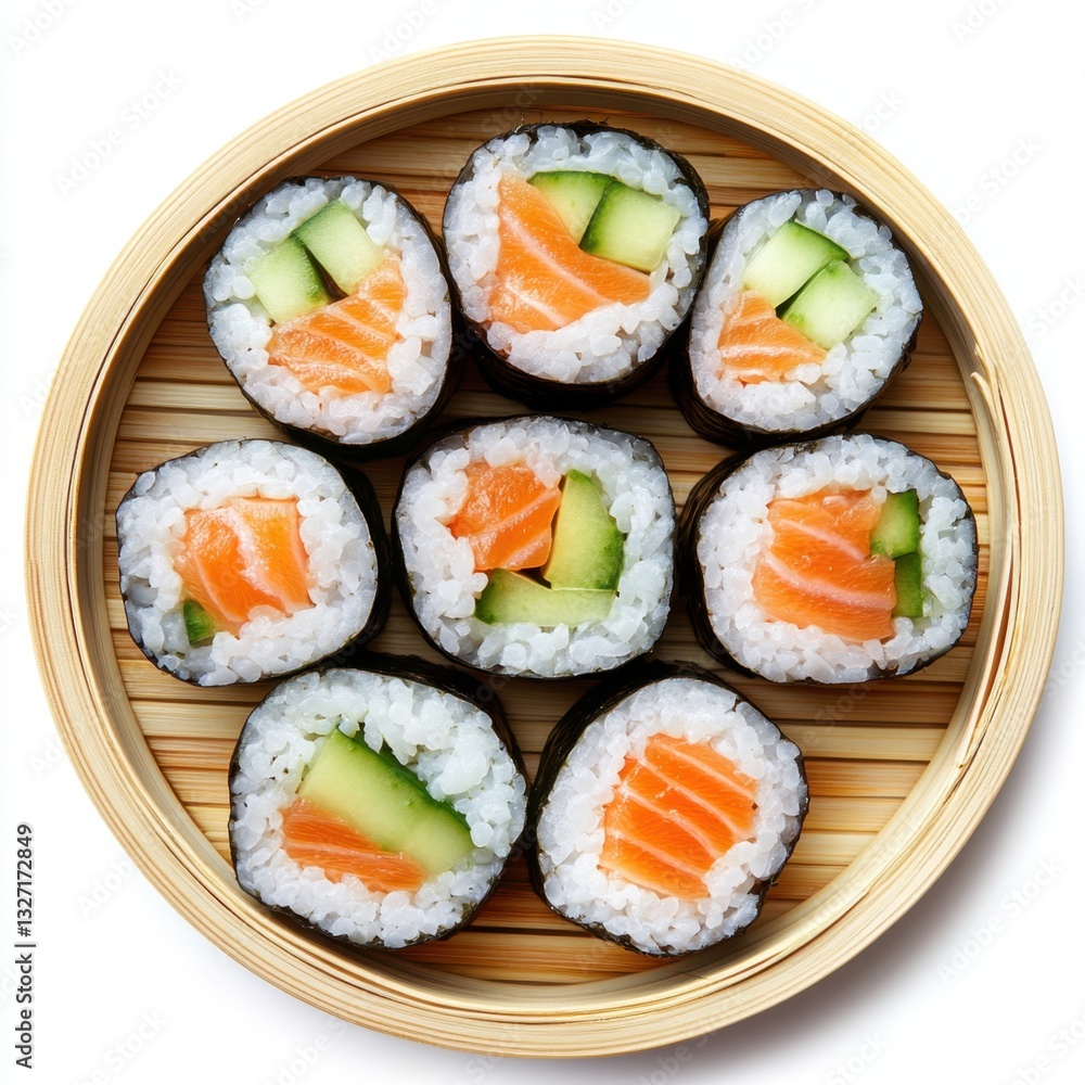 Delicious sushi rolls with fresh salmon and cucumber in a bamboo tray overhead shot showcasing culinary art and healthy eating on white background Delicious sushi rolls with fresh salmon and cucumber in a bamboo tray overhead shot showcasing culinary art and healthy eating on white background