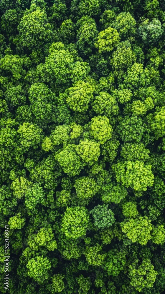 Naklejka premium Aerial Perspective of Lush Green Forest Canopy with Dense Tree Tops and Vibrant Foliage in Natural Light