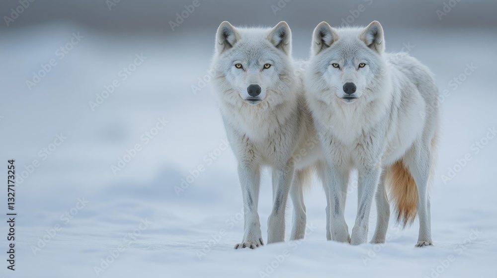 Obraz premium Two Arctic Wolves Standing in the Snowy Wilderness. Generative AI