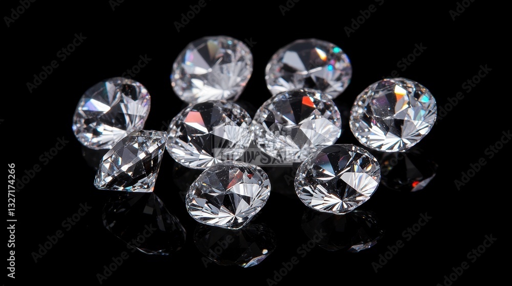 A group of high-quality diamonds scattered on a reflective glass surface, elegance and luxury A group of high-quality diamonds scattered on a reflective glass surface, elegance and luxury