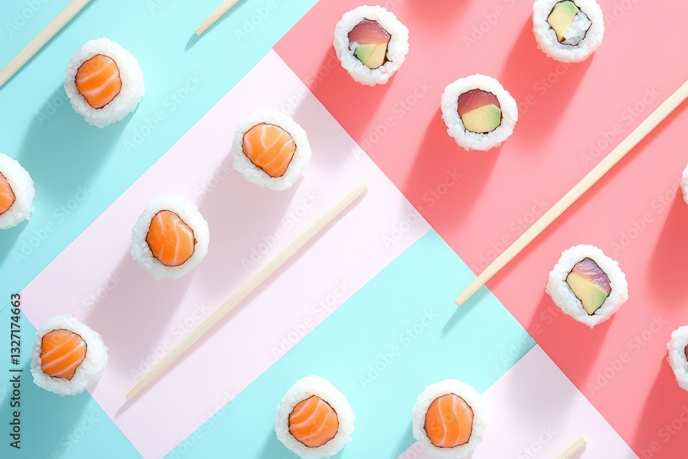 Savor the Flavors: Japanese Sushi Rolls on a Vibrant Backg with Contemporary Asian Design Savor the Flavors: Japanese Sushi Rolls on a Vibrant Backg with Contemporary Asian Design