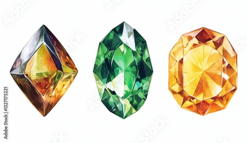 Three Faceted Gemstones Watercolor Illustration Yellow Green Orange