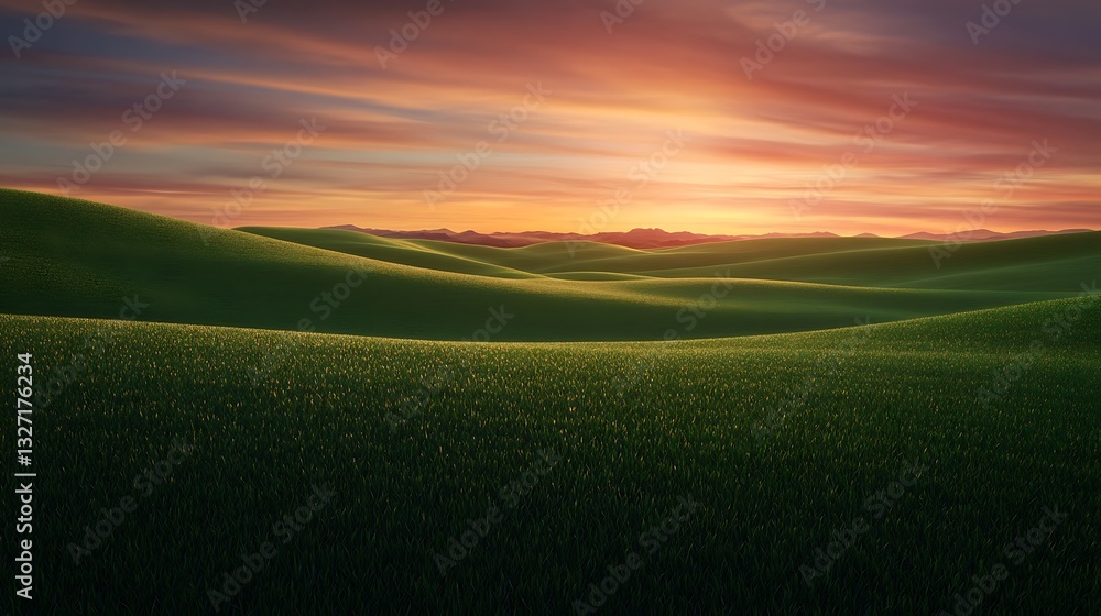Obraz premium A vast lush green field stretching into the horizon, illuminated by the warm hues of an evening sunset, 