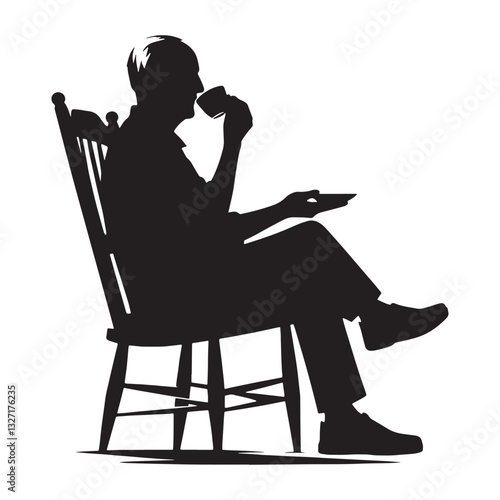 Slow-Sipping Drinking Tea Oldman silhouette, savoring each moment - Oldman illustration - Minimalist Thoughtful Drinker vector - Aged philosopher
