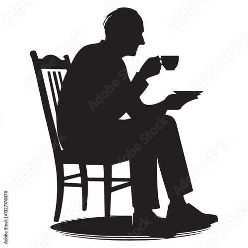 Silent Drinking Tea Oldman silhouette, finding solace in a warm sip - Oldman illustration - Minimalist Retired Man vector - Peaceful elder

