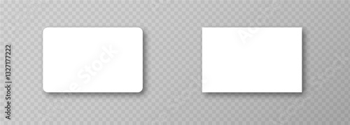 Plastic or paper white business card isolated on transparent background. Vector blank sticker, sheet, label, banner with rounded corners template set, vector illustration.