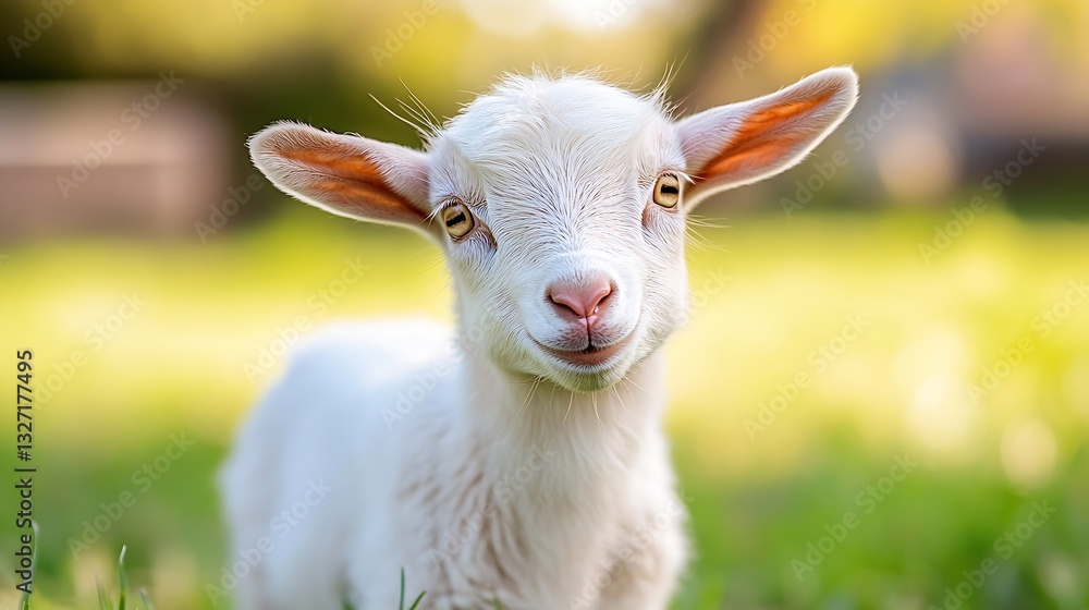 Cute Young Goat Smiling Joyfully While Grazing in a Lush Green Meadow : Generative AI Cute Young Goat Smiling Joyfully While Grazing in a Lush Green Meadow : Generative AI