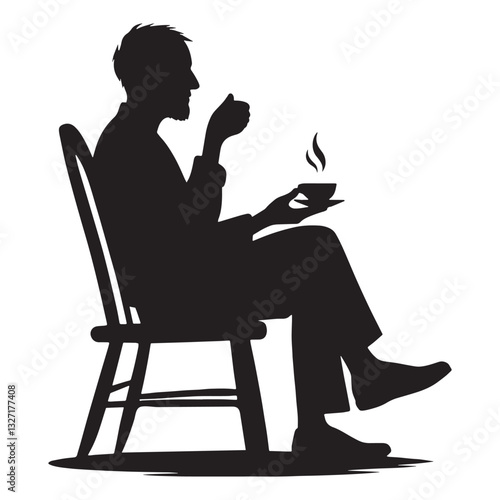 Tranquil Drinking Coffee Oldman silhouette, at peace with his steaming mug - Oldman illustration - Minimalist Caffeine Ritual vector - Calm presence
