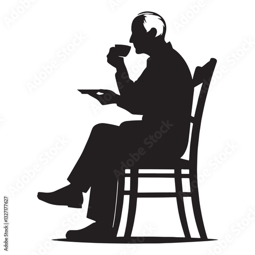 Humble Drinking Tea Oldman silhouette, finding joy in simple moments - Oldman illustration - Minimalist Warm Drink vector - Content elder
