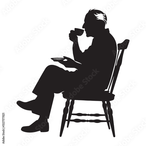 Pensive Drinking Coffee Oldman silhouette, lost in thought over a cup - Oldman illustration - Minimalist Coffee Drinker vector - Reflective figure
