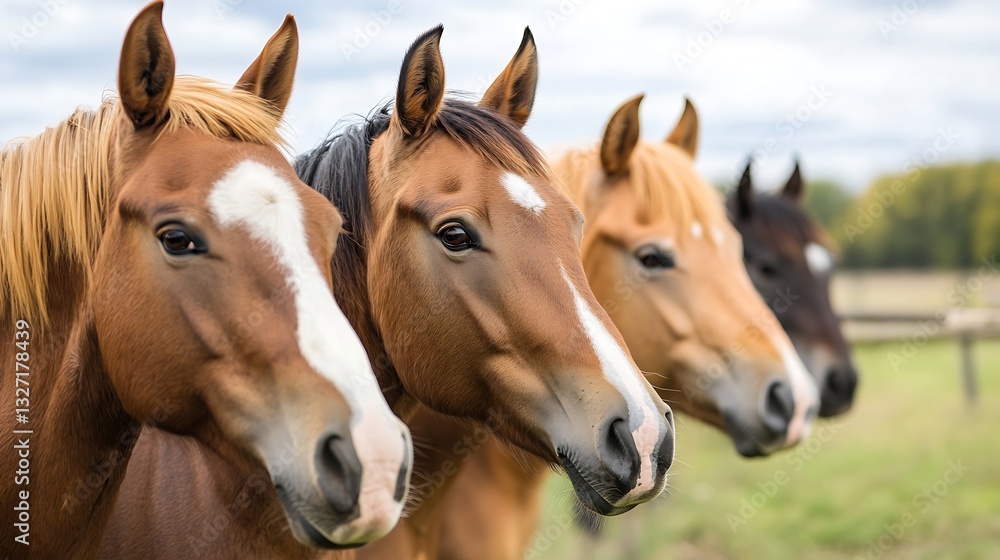 Group of Horses with Unique Coats Standing Against a Beautiful Rural Background : Generative AI Group of Horses with Unique Coats Standing Against a Beautiful Rural Background : Generative AI