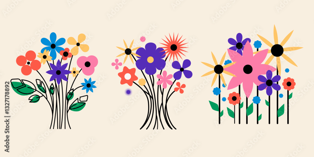 Obraz premium Abstract retro floral composition set with vibrant bouquets with colorful flowers and leaves, perfect for prints, greeting cards, posters, packaging, textiles, and digital designs.Vector illustration