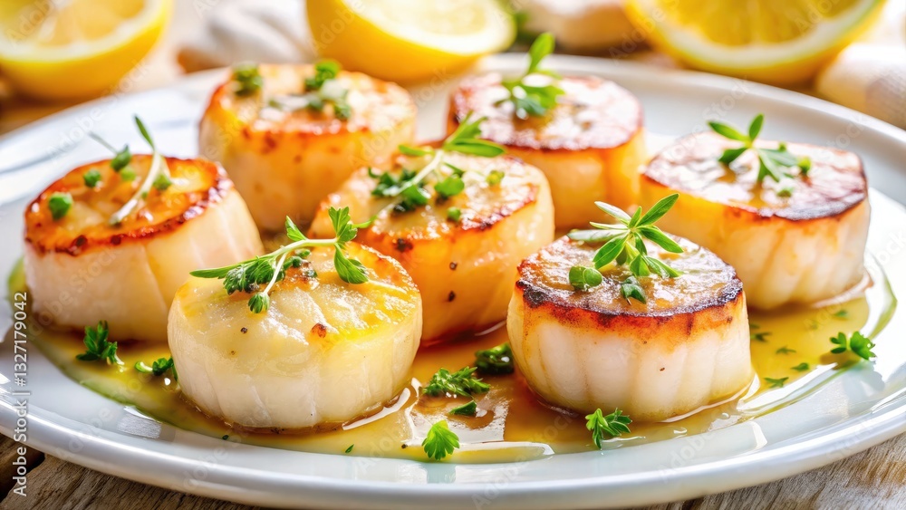 Seared Scallops Recipe: Restaurant-Style Aerial Close-up Food Photography Seared Scallops Recipe: Restaurant-Style Aerial Close-up Food Photography