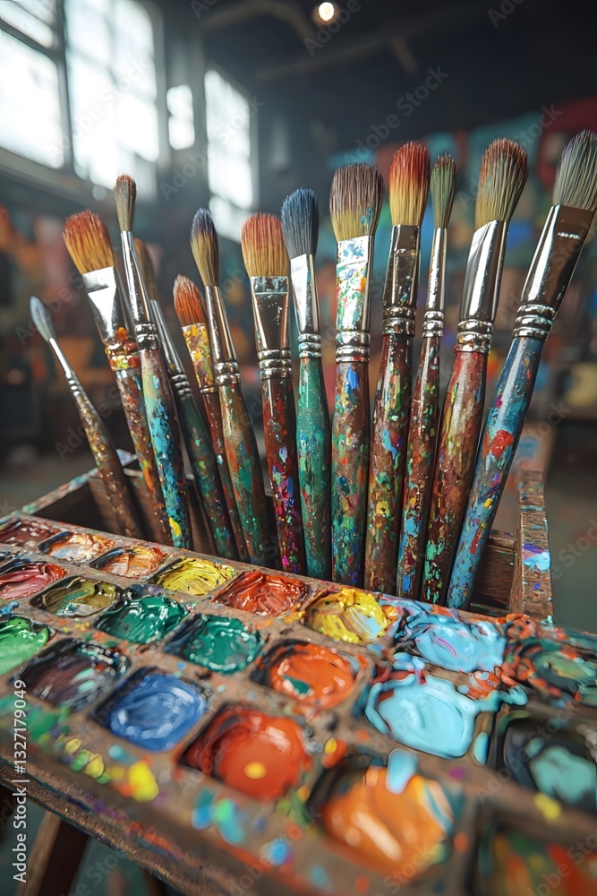 Fototapeta premium Paint and brushes in the corner of the art classroom