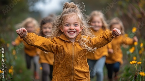 A group of young European girls are running joyfully through a flower field, dressed in bright yellow jackets, smiling and having fun together. photo