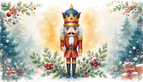 Watercolor Illustration of Nutcracker Surrounded by Holly for Christmas, Celebrating Holiday Traditions, Seasonal Decor, and the Magic of the Nutcracker Ballet in a Festive Winter Wonderland										