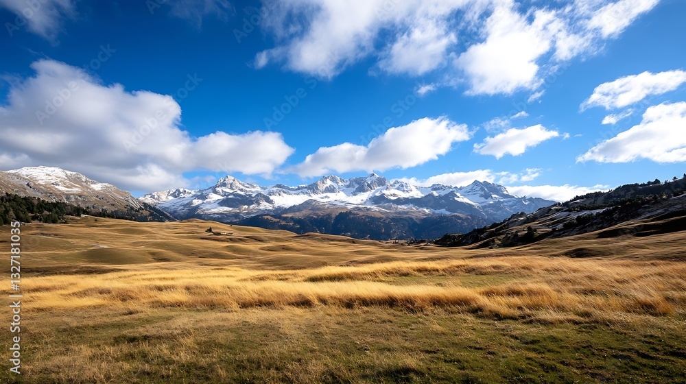 Expansive landscape of rolling hills and snowy mountains under a beautiful sky : Generative AI Expansive landscape of rolling hills and snowy mountains under a beautiful sky : Generative AI