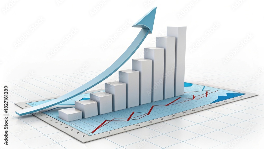 A 3D graph shows rising trends with bars and an upward arrow, symbolizing growth and positive performance in data analysis.