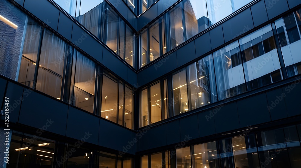 Stylish architectural design of an urban building with glass features and night illumination effects : Generative AI Stylish architectural design of an urban building with glass features and night illumination effects : Generative AI