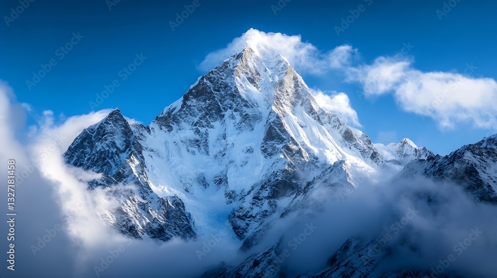 Obraz premium Majestic peak of a snow covered mountain surrounded by clouds and blue sky : Generative AI