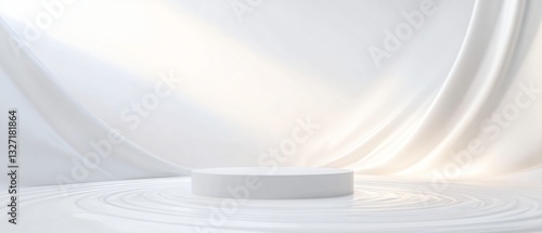  Front View of a Sleek White Cosmetic Podium with Sprayed Water and Soft Mist. Copy space. Generative AI