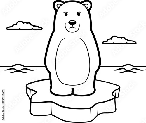 Polar bear standing on an ice floe with clouds in a simple, cartoon-style illustration.