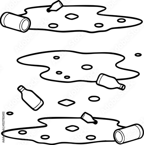 Spilled liquid with multiple bottles depicted in a simple, outlined style.