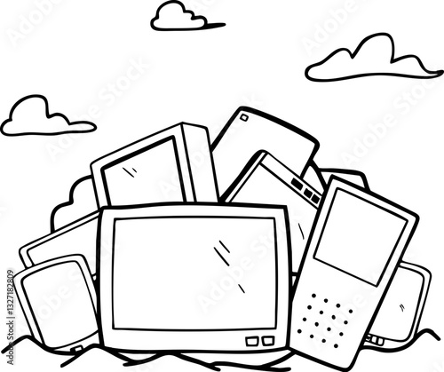 Piled old electronics with clouds in a simple line drawing style.