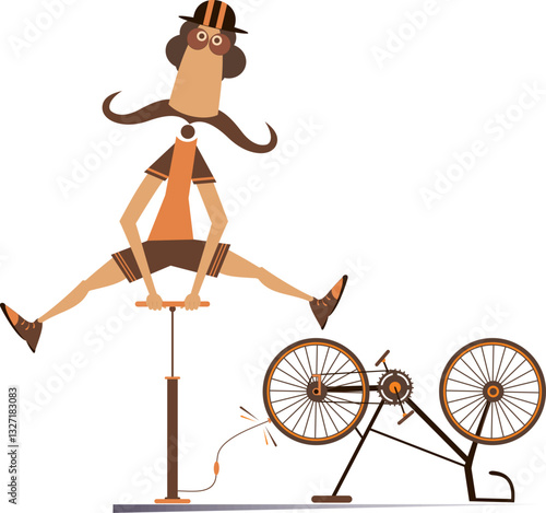 Cyclist and a broken bicycle. Cyclist inflates the wheel.
Sportsperson repairs the bicycle. The cyclist inflates the wheel on the bicycle

