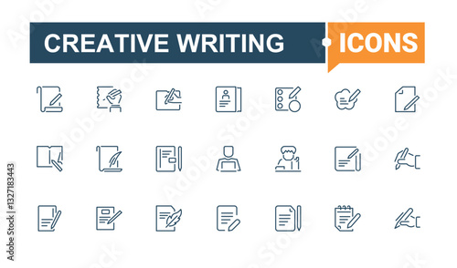 Creative Writing icons set in linear style. Contain linear sign art, text, note, read, author, ink and more. Writing and Literature simple icon. Minimalist vector collections. Editable stroke.
