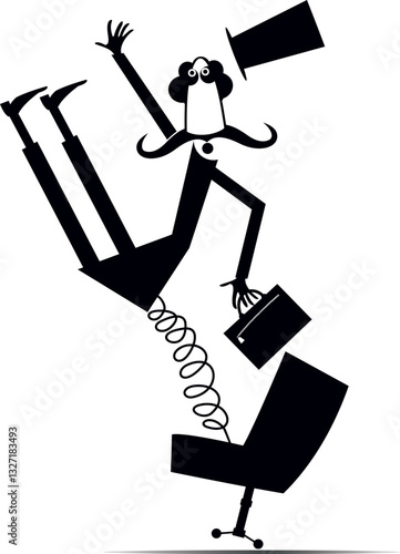 Out of job. Business concept illustration.
Scared long mustache man in the top hat has been pushed out from the armchair by spring. Black and white illustration
