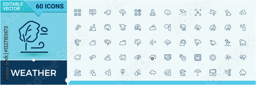 Set of Weather line icons. Containing umbrella, forecast, snow, drop, cloud and more. Thunder icons set in linear style. Minimalistic linear icons.