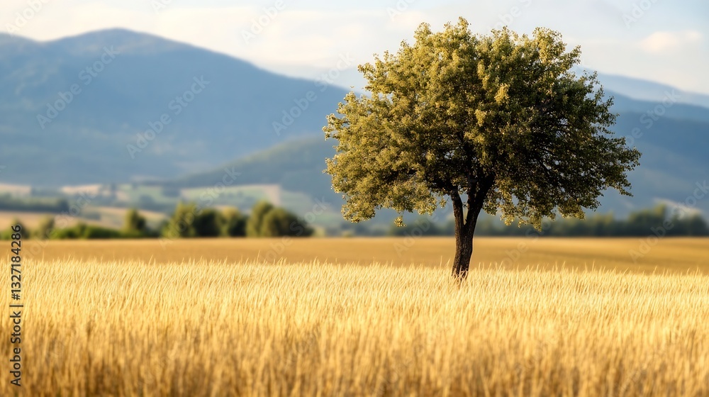 Lone Tree Standing in Golden Wheat Field Against a Backdrop of Rolling Hills : Generative AI Lone Tree Standing in Golden Wheat Field Against a Backdrop of Rolling Hills : Generative AI